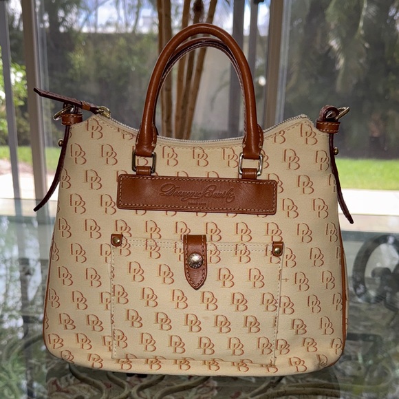Dooney & Bourke 100% Authentic Cream Canvas Satchel with Brown Leather Trim